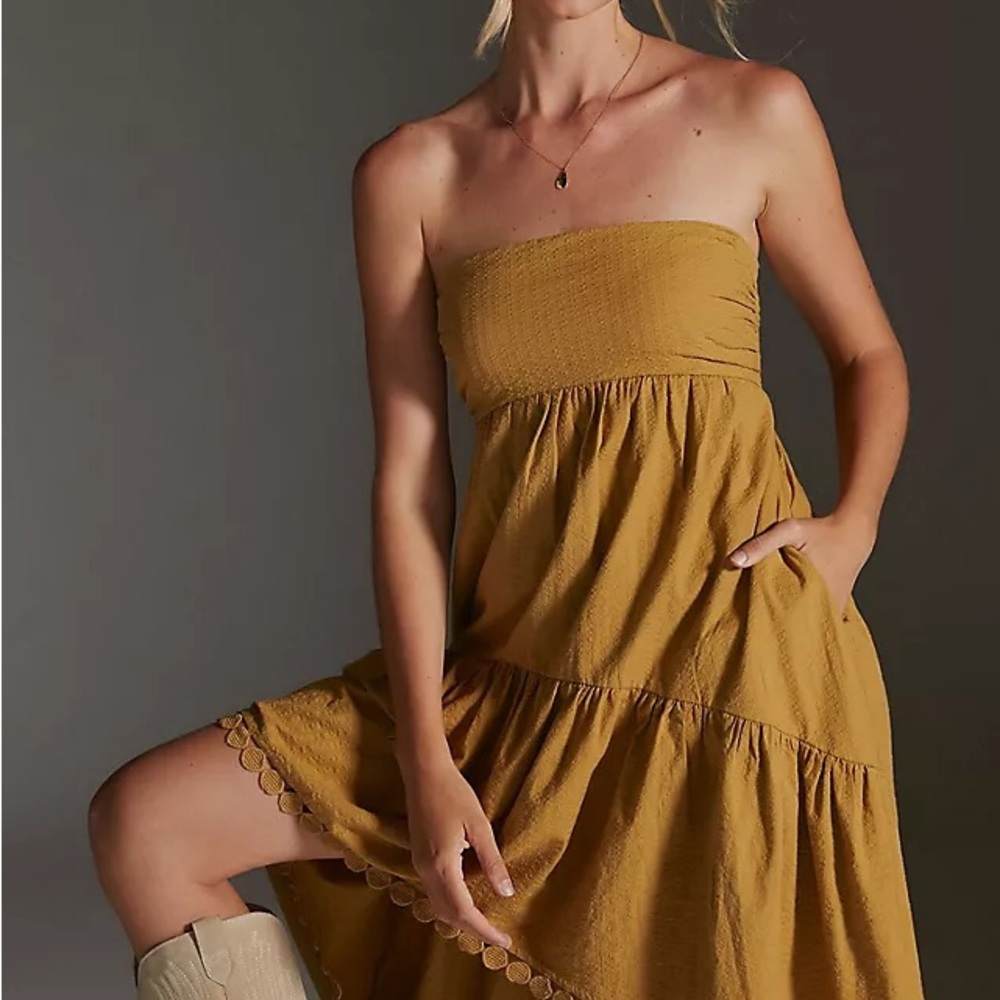 Anthropologie Strapless Tiered Dress in Mustard Yellow